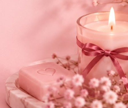 Vela aromática com fita, sabonete e flores delicadas
